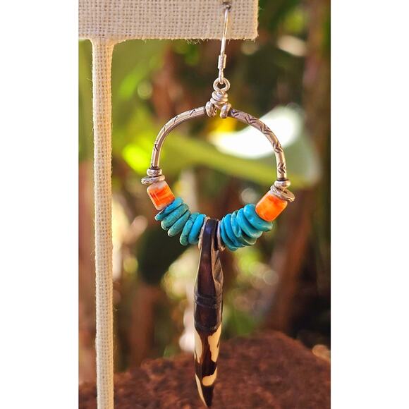 Turquoise Kenya Bone Spiny Oyster Sterling Artisan Teardrop Earrings - Picture 2 of 9